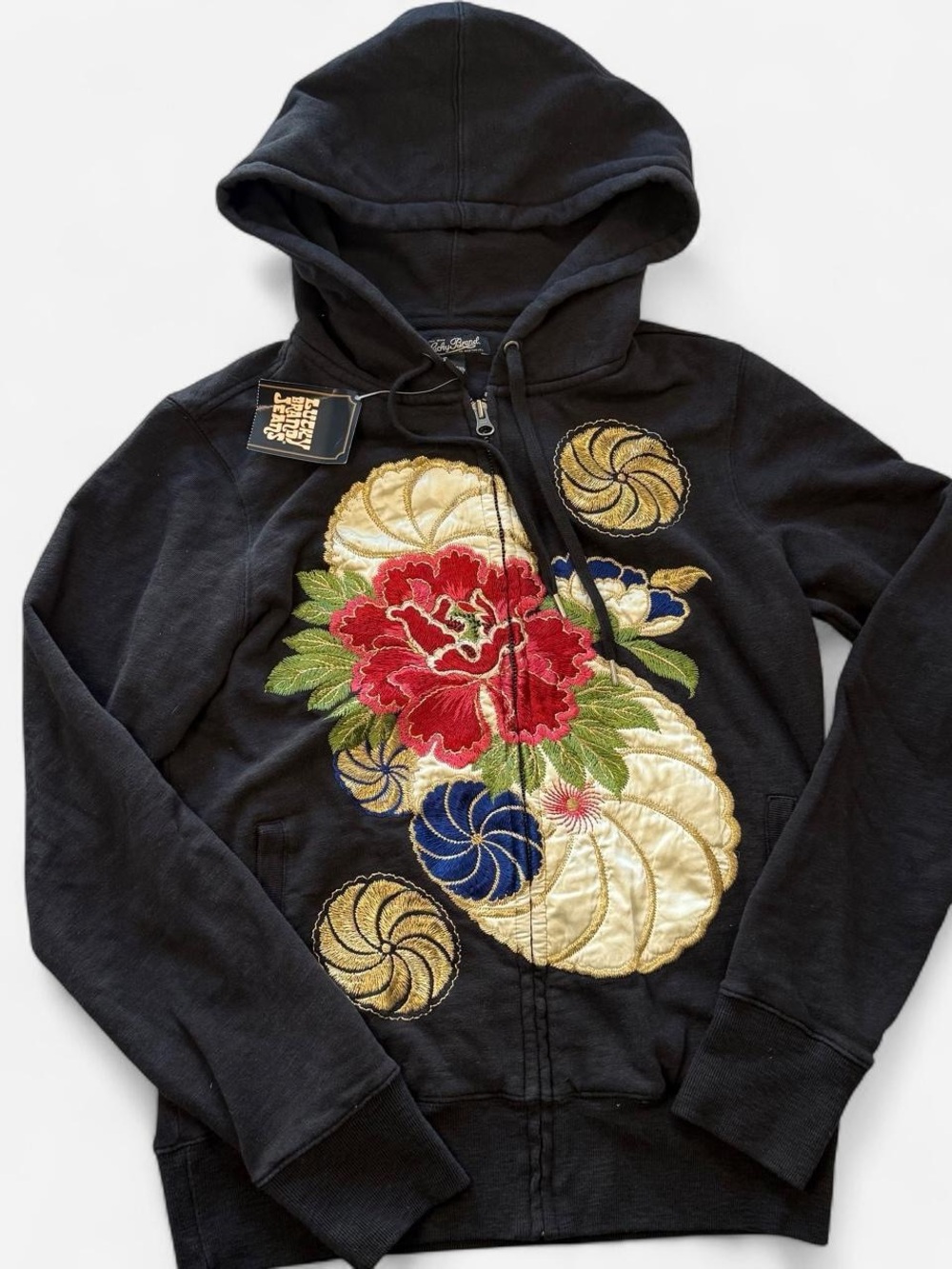 Y2K Lucky Brand Black Embroidered Floral Zip-Up Hoodie